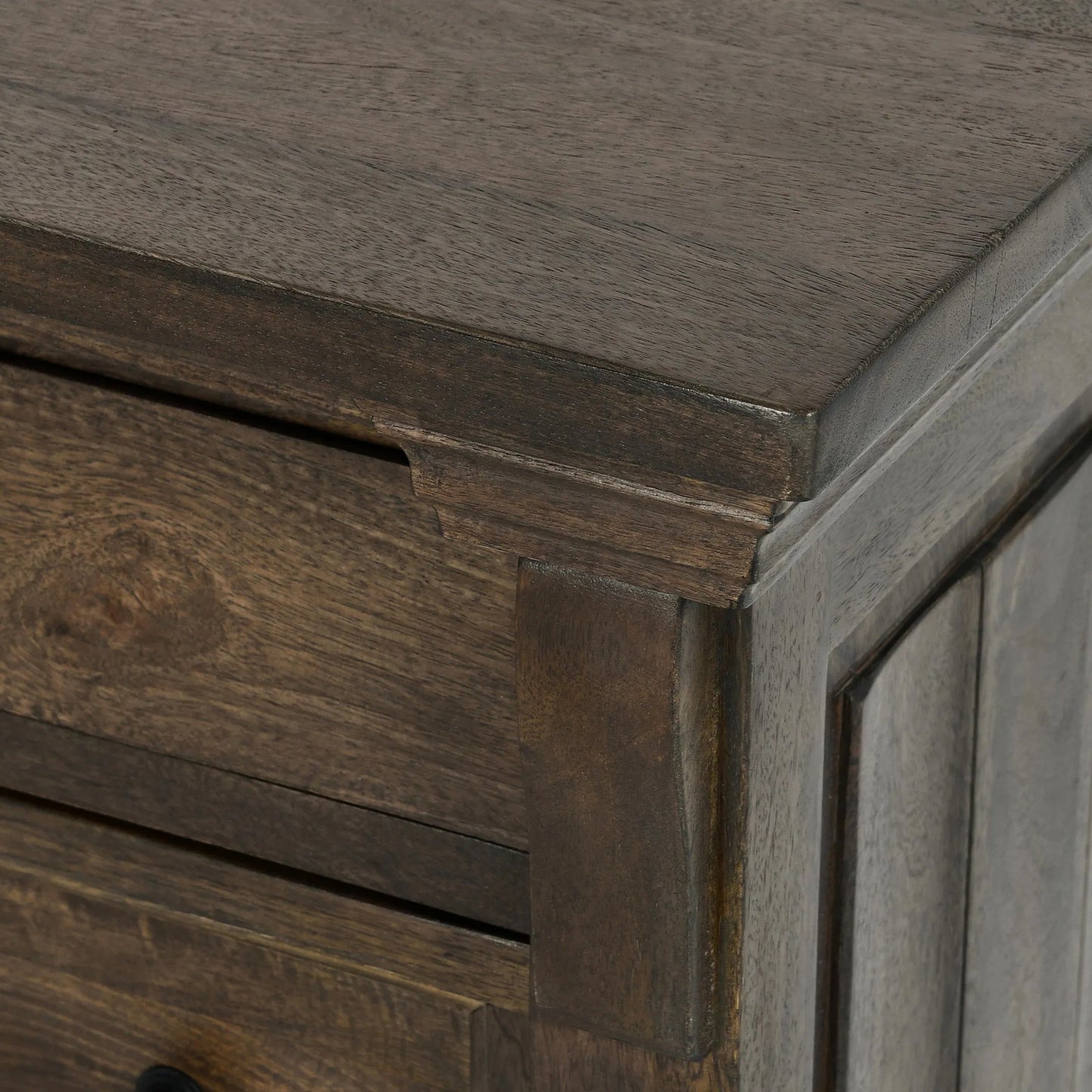 006 SI-2238942 | Closeup | Adelaide Three-Drawer Mango Wood Nightstand by Classic Home in cocoa brown. Made from mango wood in a traditional style.