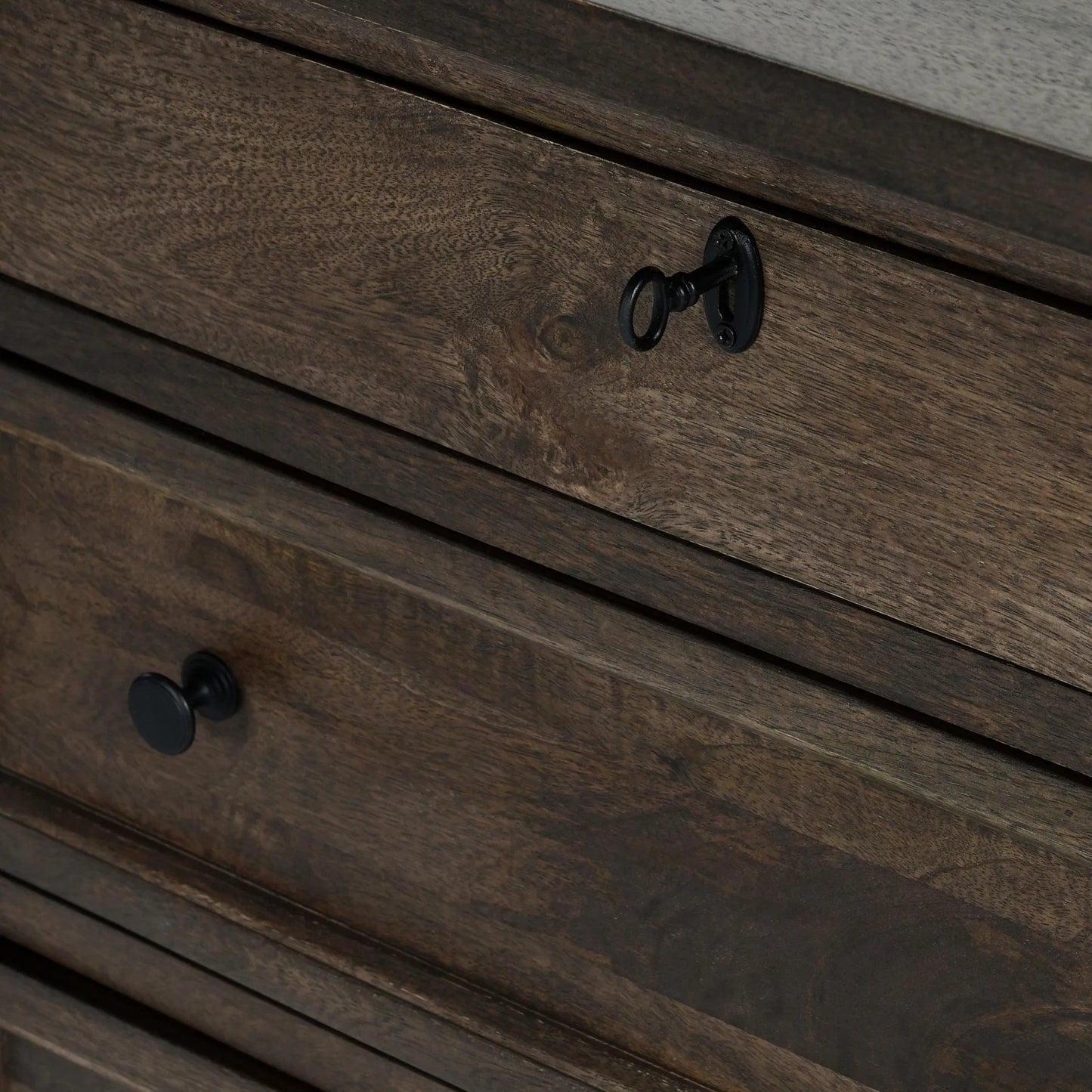 008 SI-2238942 | Closeup | Adelaide Three-Drawer Mango Wood Nightstand by Classic Home in cocoa brown. Made from mango wood in a traditional style.