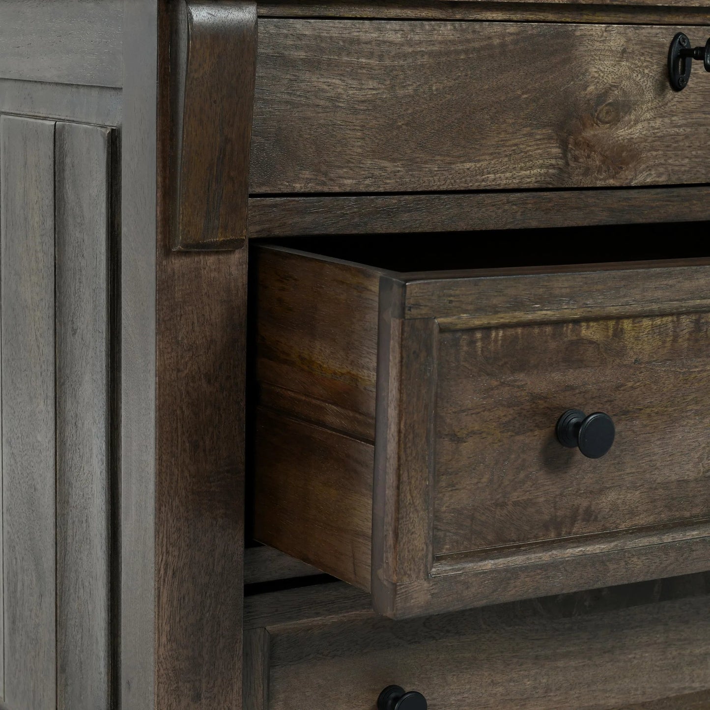 007 SI-2238942 | Closeup | Adelaide Three-Drawer Mango Wood Nightstand by Classic Home in cocoa brown. Made from mango wood in a traditional style.