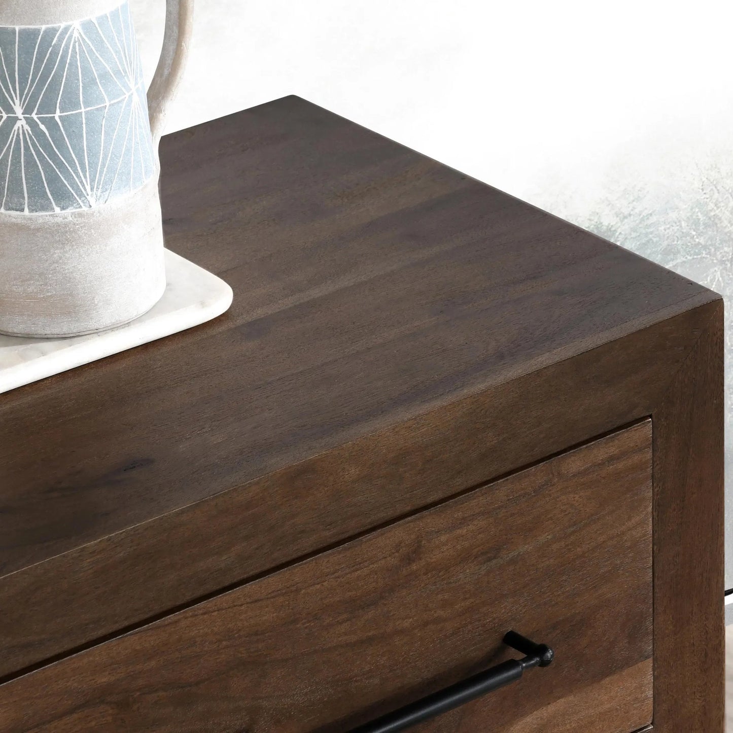 009 SI-2238943 | Closeup | Jaxon Two-Drawer Acacia Wood Nightstand by Classic Home in cocoa brown. Made from acacia wood in a traditional style.