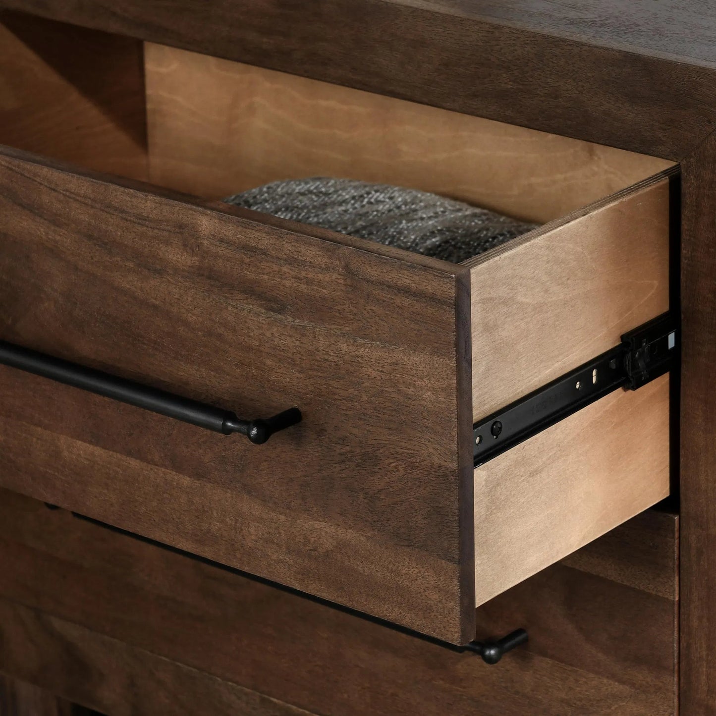 008 SI-2238943 | Closeup | Jaxon Two-Drawer Acacia Wood Nightstand by Classic Home in cocoa brown. Made from acacia wood in a traditional style.