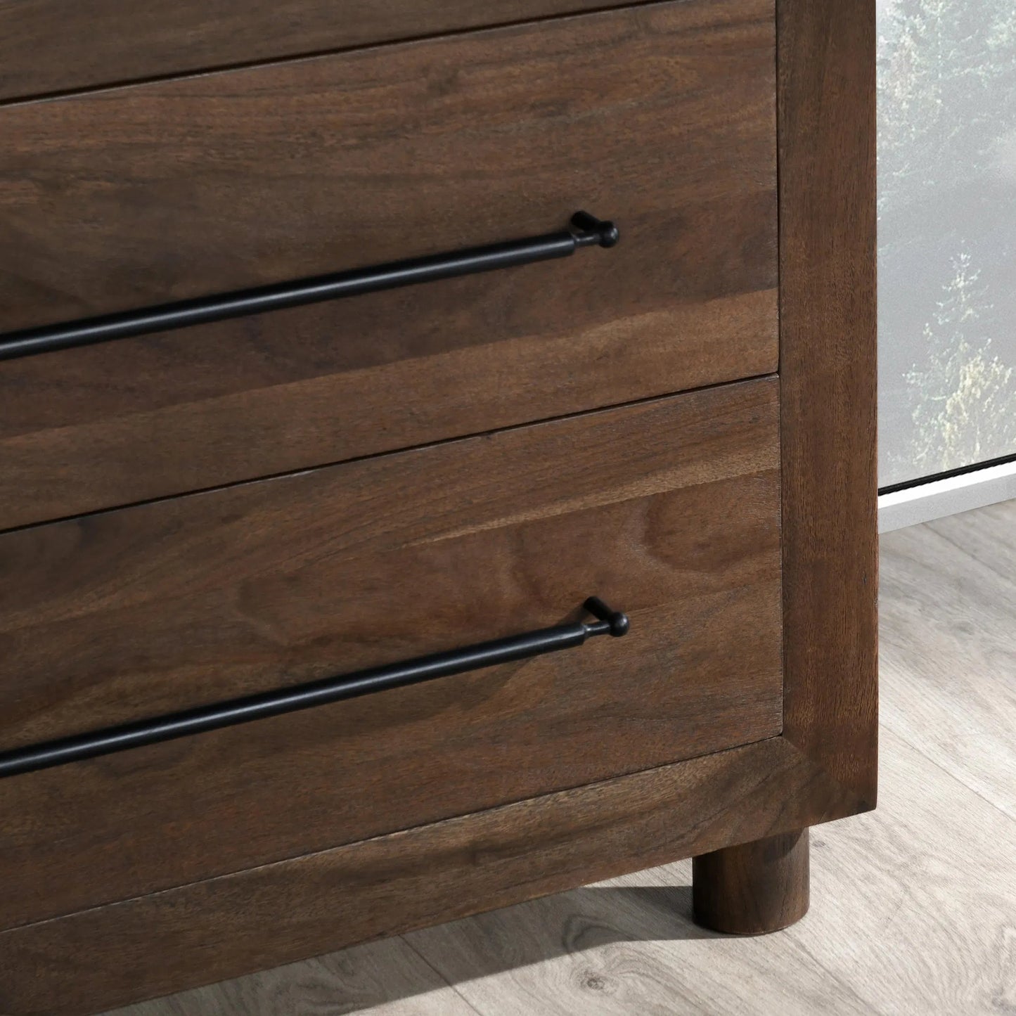 007 SI-2238943 | Closeup | Jaxon Two-Drawer Acacia Wood Nightstand by Classic Home in cocoa brown. Made from acacia wood in a traditional style.