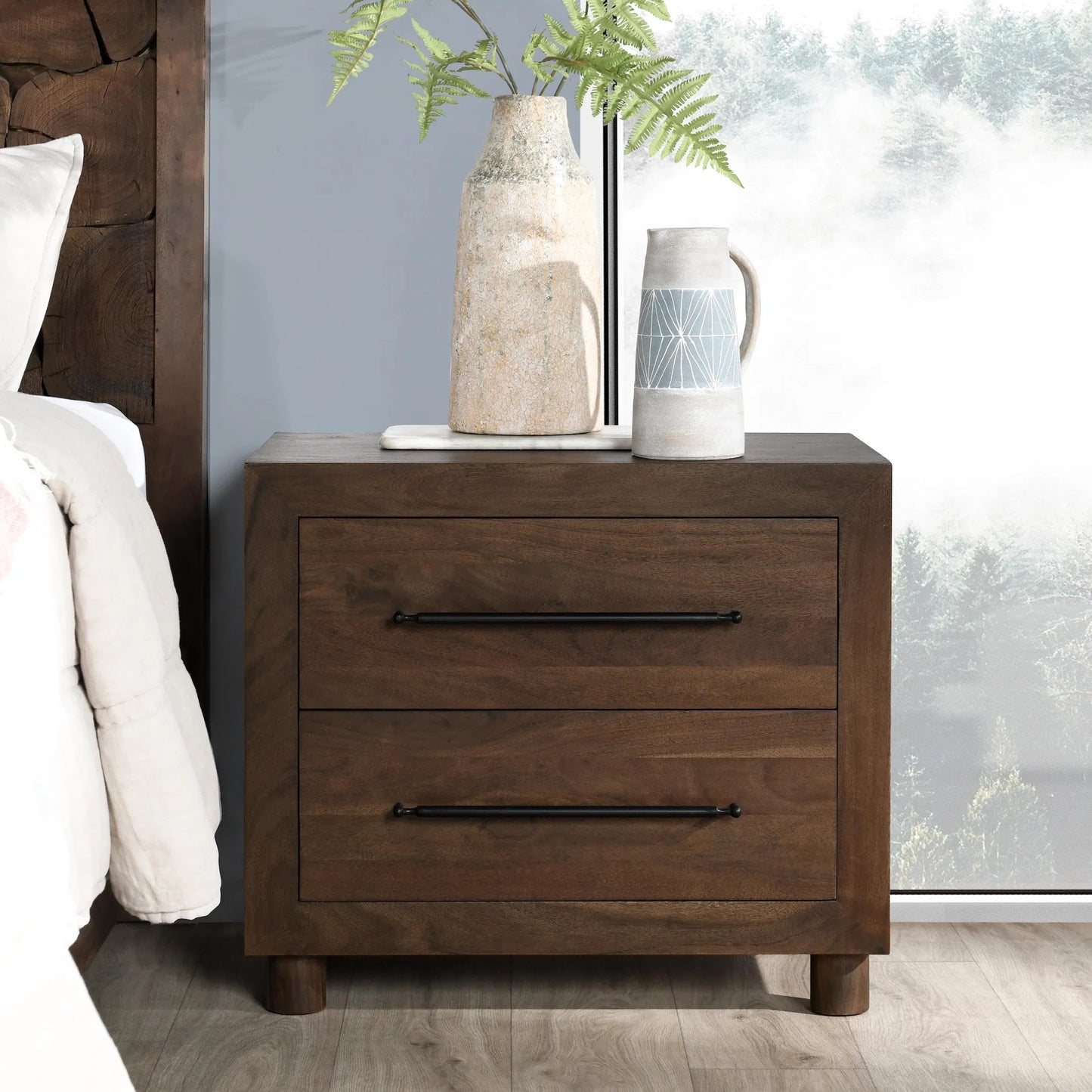 012 SI-2238943 | Lifestyle | Jaxon Two-Drawer Acacia Wood Nightstand by Classic Home in cocoa brown. Made from acacia wood in a traditional style.