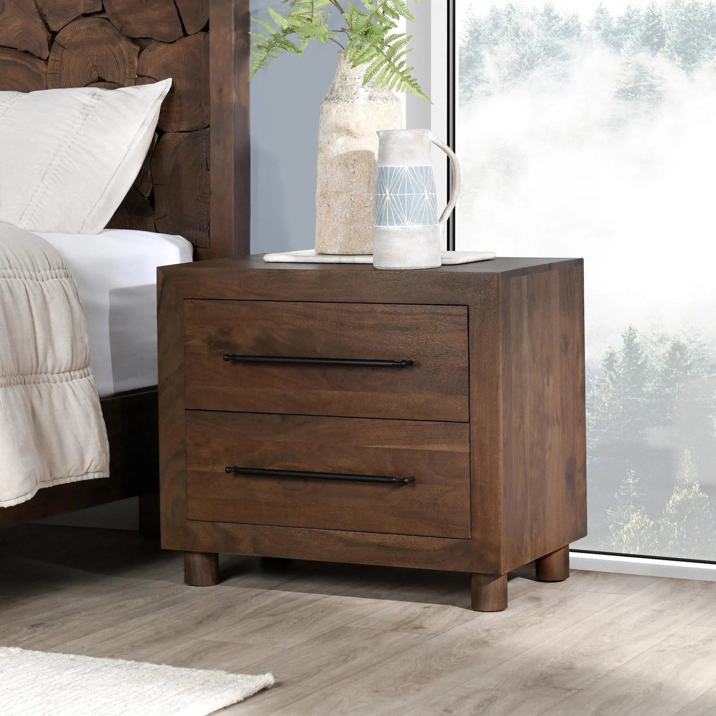 013 SI-2238943 | Lifestyle | Jaxon Two-Drawer Acacia Wood Nightstand by Classic Home in cocoa brown. Made from acacia wood in a traditional style.