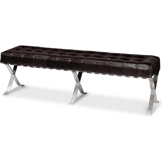 Catalunya Long Bench by Sarreid Ltd. in dark brown. Made from leather,wood, foam, stainless steel in a modern style.