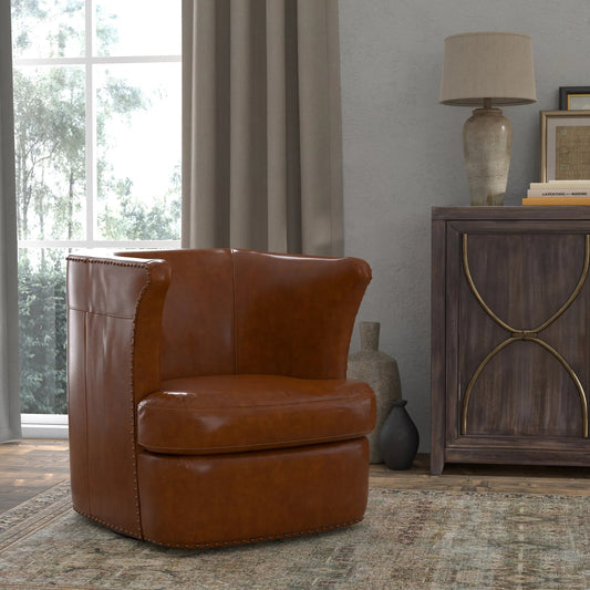 Spencer Distilled Leather Swivel Chair by Sarreid Ltd. in havana brown. Made from leather in a traditional style.