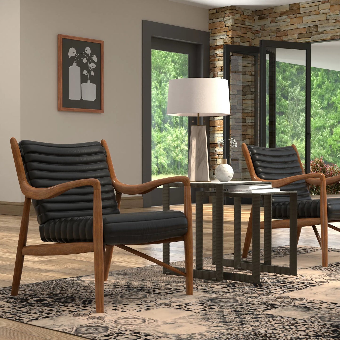 015 SI-2238627 | Lifestyle | Singletary Leather Chair by Sarreid Ltd. in onyx black. Made from leather, wood in a traditional style.
