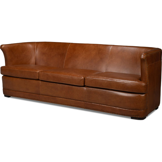 McMillan Distilled Leather Sofa by Sarreid Ltd.. Made from leather, wood, antique brass nail head in a traditional style.