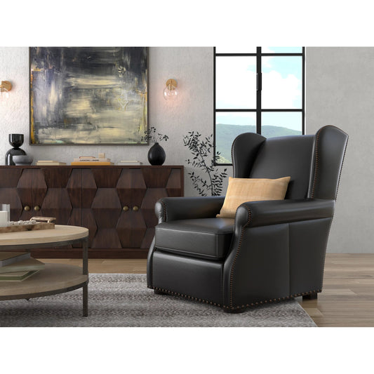 London Dry Accent Chair by Sarreid Ltd. in onyx black. Made from leather in a traditional style.