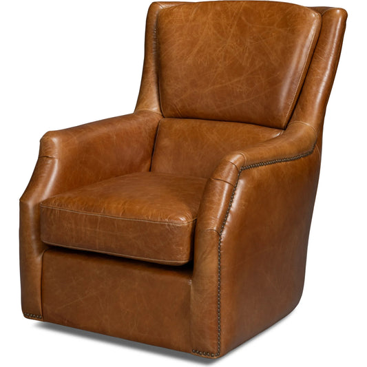 Baker Leather Swivel Chair by Sarreid Ltd.. Made from wood, nailhead, leather in a transitional style.