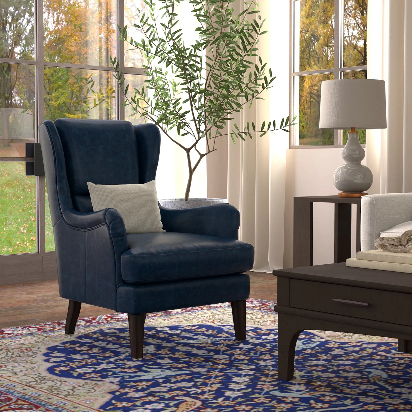 046 SI-2238685 | Lifestyle | Elite Wing Lounge Chair by Sarreid Ltd.. Made from rubber wood, top grain cow leather in a rustic style.