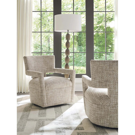 Woodside Swivel Chair by Barclay Butera in beige, tan. Made from mahogany, fabric in a unique style.