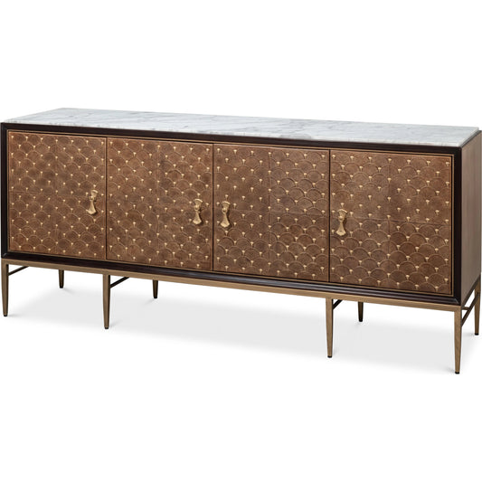 Palisade Shagreen Credenza by Sarreid Ltd.. Made from wood, metal, leather, mdf, veneer, italian statuario marble in a modern style.