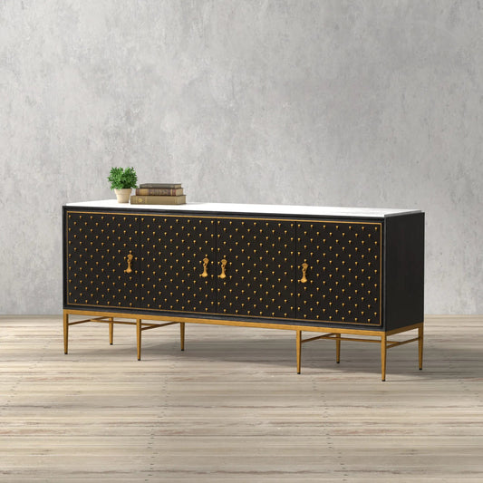 Palisade Shagreen Credenza by Sarreid Ltd.. Made from wood, metal, leather, mdf, veneer, italian statuario marble in a modern style.
