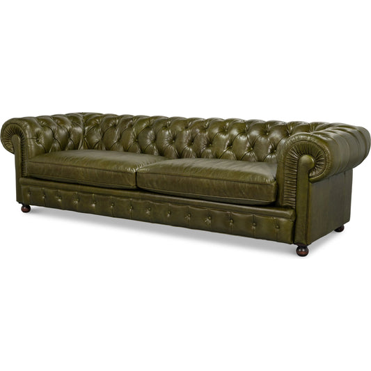 Savile Leather Sofa by Sarreid Ltd. in britian green. Made from rubber wood legs, leather in a traditional style.