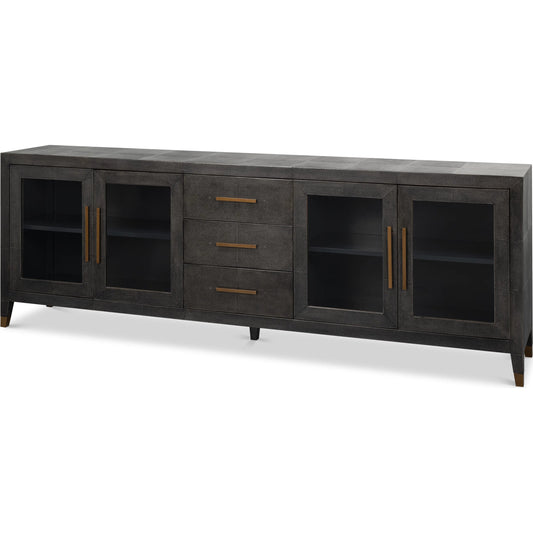 Desmond Sideboard by Sarreid Ltd. in antique grey. Made from iron, leather, wood, antique grey blackstone, brass metal in a modern style.