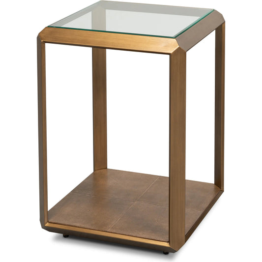 Gilbert Shagreen Side Table by Sarreid Ltd. in tawny brown. Made from iron, leather, wood, glass 12 mm, tawny brown shagreen in a modern style.