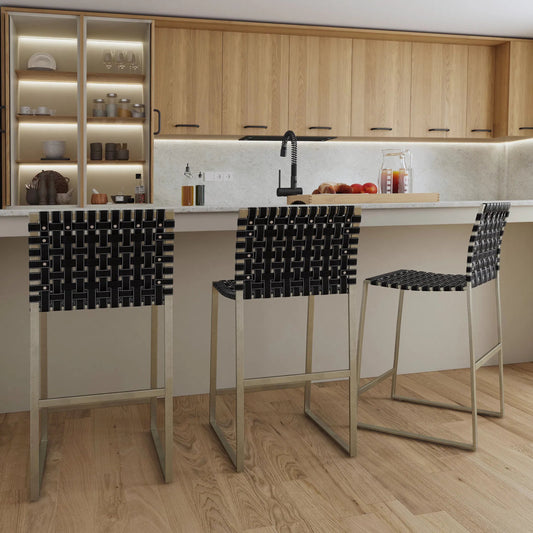 Urban Woven Leather Counter Stool by Butler Specialty Company. Made from iron, real leather, steel metal nail heads in a modern style.