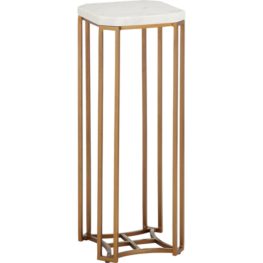 Ocho Marble Drinks Table by Currey and Company in white, antique brass. Made from banswara white marble, stone, iron in a modern style.