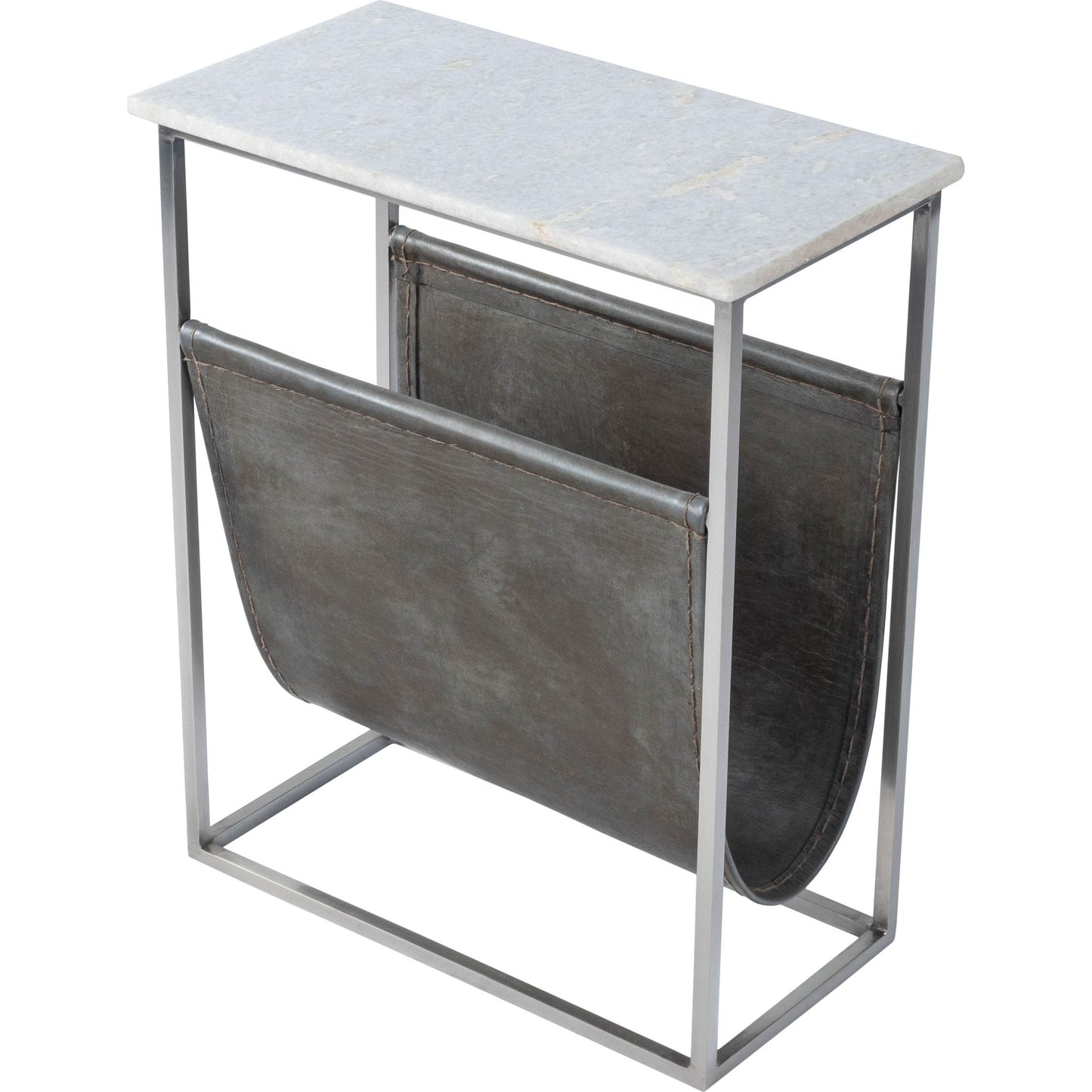001 SR-770474 | Additional Silo | Koler Magazine Table by Butler Specialty Company in off white and marble, metal. Made from iron, aged silver finish, leather, aged gray-brown finish, marble in a modern style.