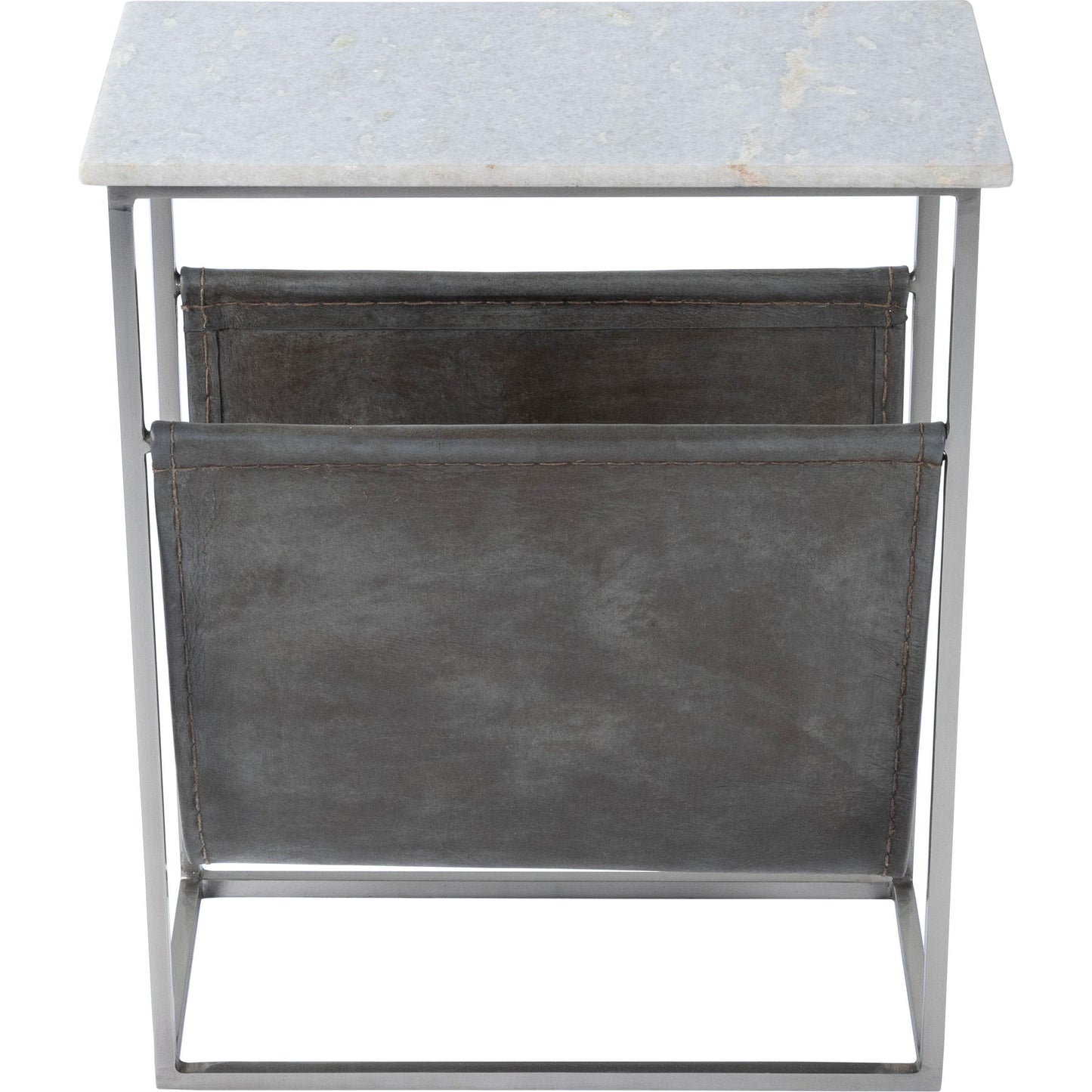 003 SR-770474 | Additional Silo | Koler Magazine Table by Butler Specialty Company in off white and marble, metal. Made from iron, aged silver finish, leather, aged gray-brown finish, marble in a modern style.