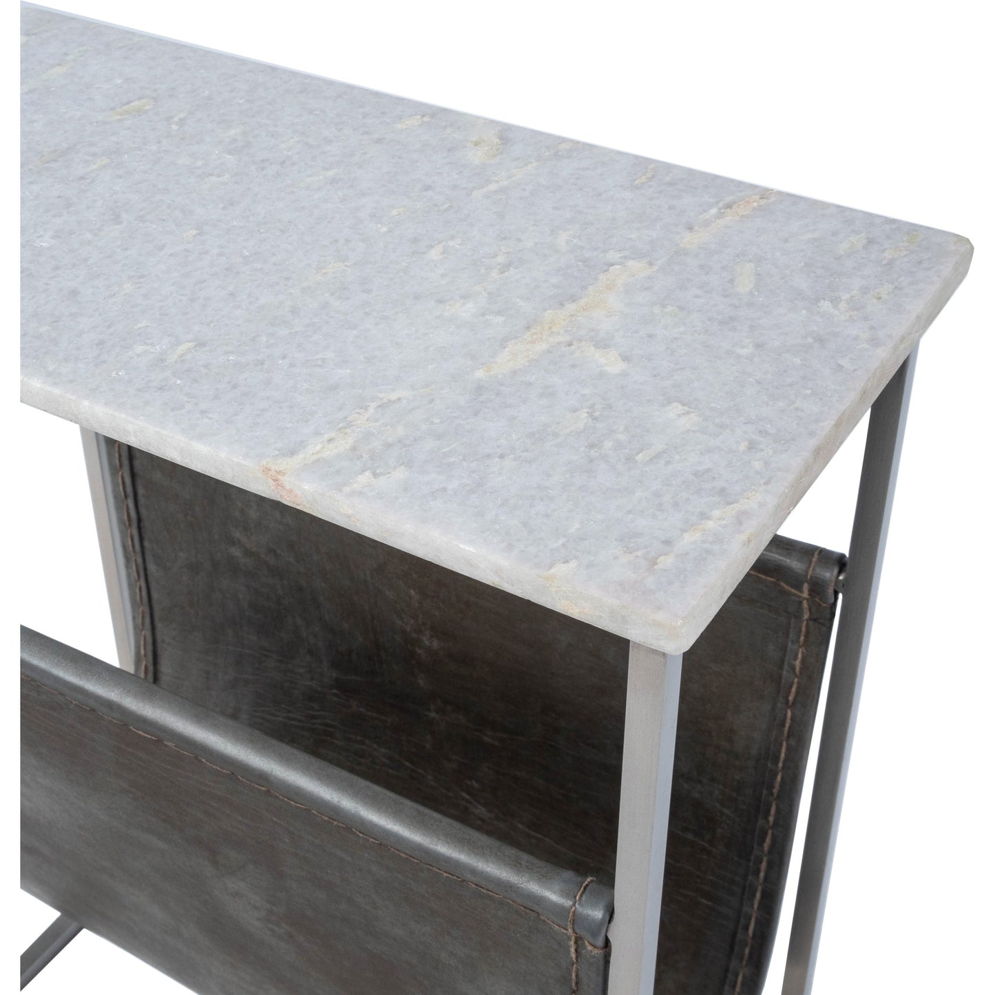 008 SR-770474 | Additional Silo | Koler Magazine Table by Butler Specialty Company in off white and marble, metal. Made from iron, aged silver finish, leather, aged gray-brown finish, marble in a modern style.