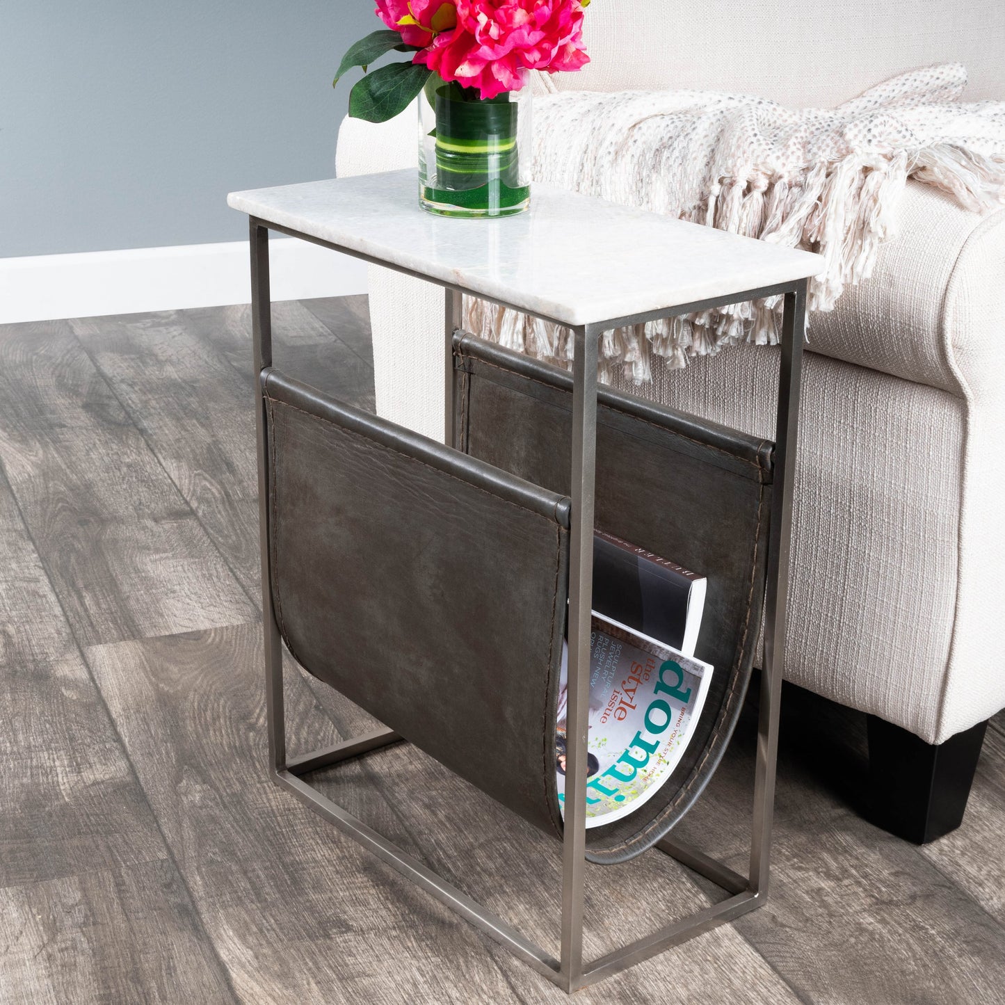 009 SR-770474 | Lifestyle | Koler Magazine Table by Butler Specialty Company in off white and marble, metal. Made from iron, aged silver finish, leather, aged gray-brown finish, marble in a modern style.