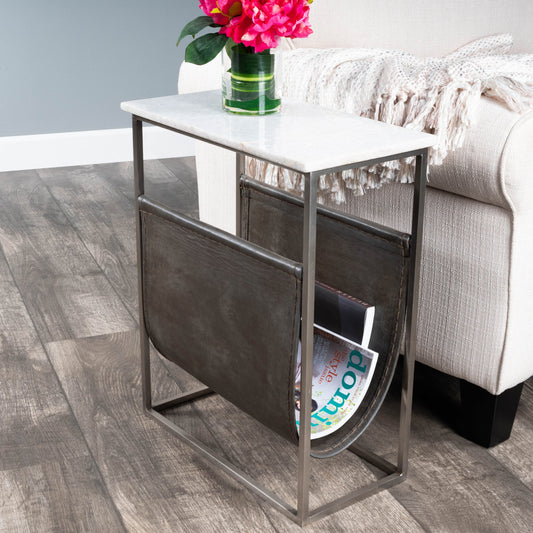 Koler Magazine Table by Butler Specialty Company in off white and marble, metal. Made from iron, aged silver finish, leather, aged gray-brown finish, marble in a modern style.