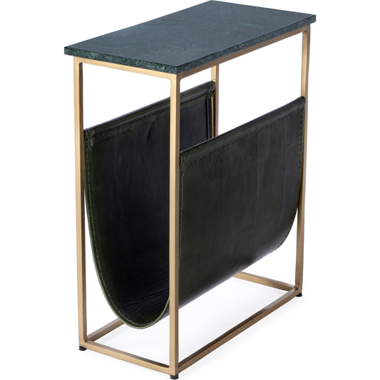 Edie Magazine Side Table by Butler Specialty Company in green marble. Made from iron, leather, marble in a modern style.