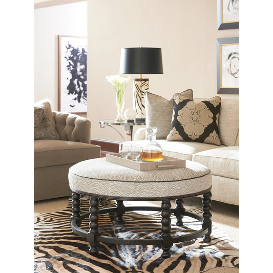 Naples Cocktail Ottoman by Barclay Butera in cream and ebony. Made from mahogany, fabric in a unique style.