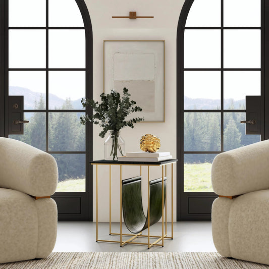 Stephanik Magazine Side Table by Butler Specialty Company in green. Made from iron, leather, marble in a modern style.