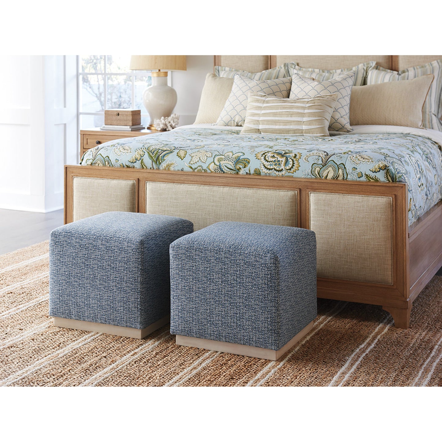 002 SR-834823 | Lifestyle | Colby Ottoman Lagoon by Barclay Butera in lagoon. Made from unique in a transitional style.
