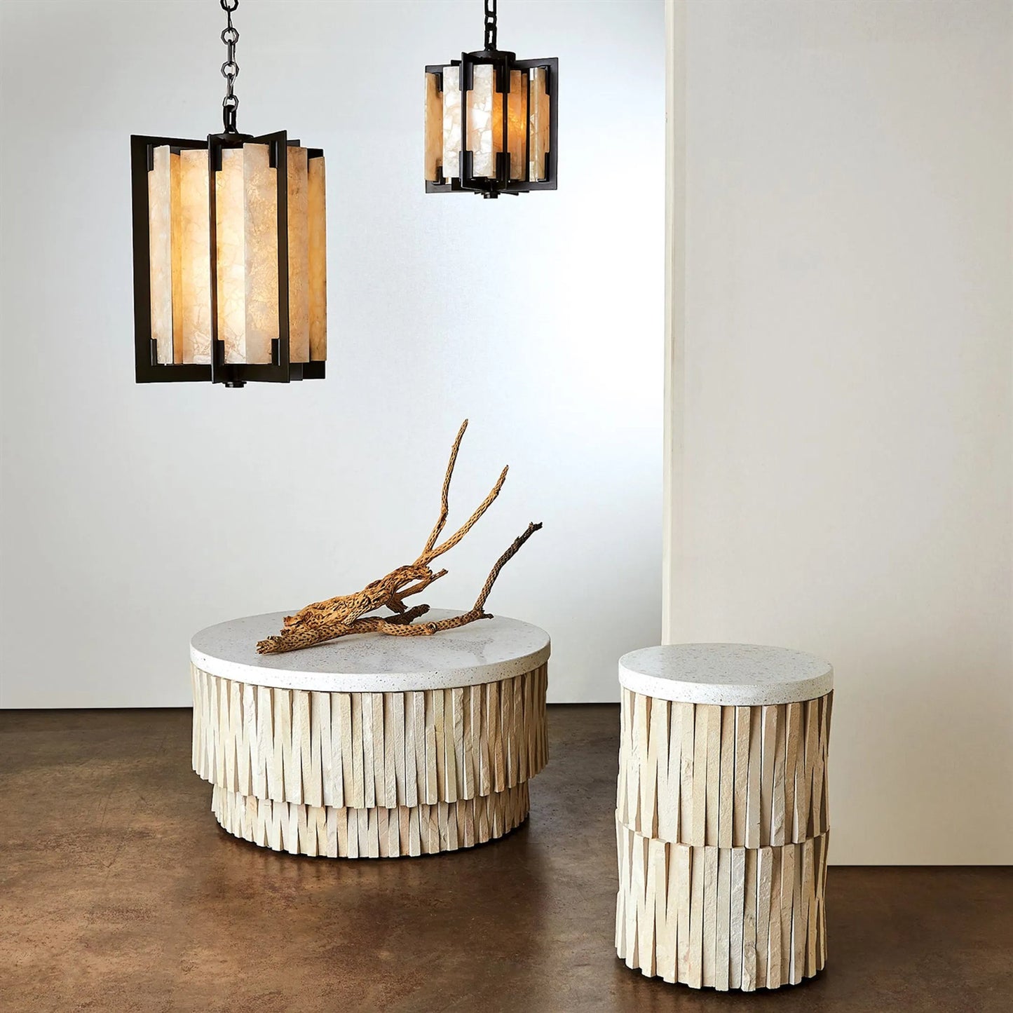 002 SR-702000 | Lifestyle | Round Teeter Totter Table by Global Views. Made from iron, hand sculpted chiseled stone from rajasthan in a eclectic & global style.