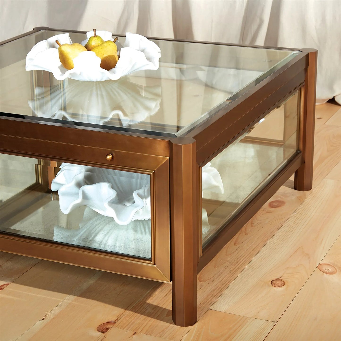 004 SR-700722 | Closeup | Apothecary Cocktail Table by Global Views in dark brass. Made from poplar, beveled glass in a transitional style.
