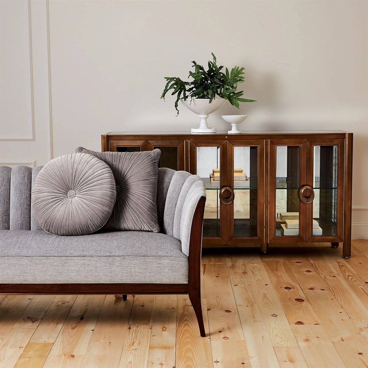 010 SR-700723 | Lifestyle | Apothecary Console Cabinet by Global Views in dark brass. Made from poplar, beveled clear glass in a transitional style.