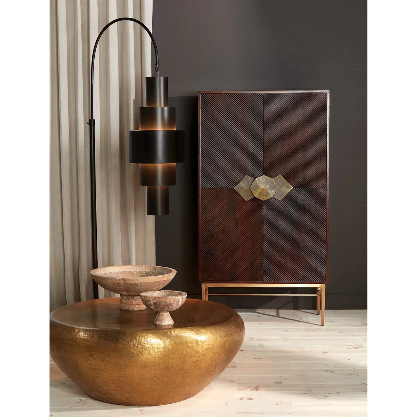 004 SR-701288 | Lifestyle | Galapagos Bar by Global Views in walnut, antique brass. Made from mango, brass, glass in a transitional style.