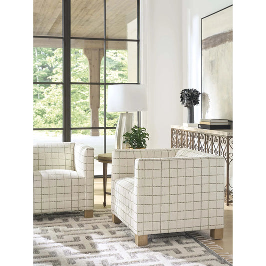 Chandler Chair by Barclay Butera in beige, tan and tan. Made from mahogany, fabric in a unique style.
