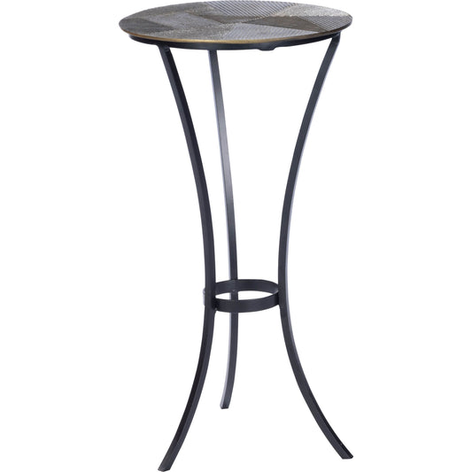Gaston Round End Table by Butler Specialty Company in gold and metalworks. Made from aluminum, antiqued gold finish, iron in a rustic style.
