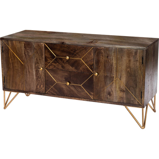 Alda Entertainment Console by Butler Specialty Company in medium brown and butler loft. Made from mango wood solids, mdf, iron, distress gold finish, brass inlay metals, brass in a modern style.