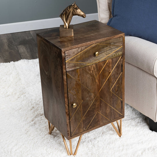Alda Chairside Chest by Butler Specialty Company in medium brown and butler loft. Made from mango wood solids, mdf, iron, distress gold finish, brass inlay metals, brass in a modern style.