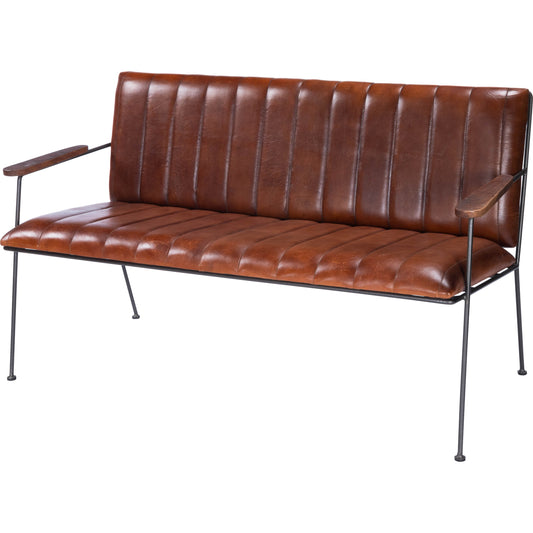 Phoenix Bench by Butler Specialty Company in medium brown and industrial chic. Made from iron, leather, mango wood solids, plywood, tris free foam cushion core, seat height 18-1, 2" h in a modern style.