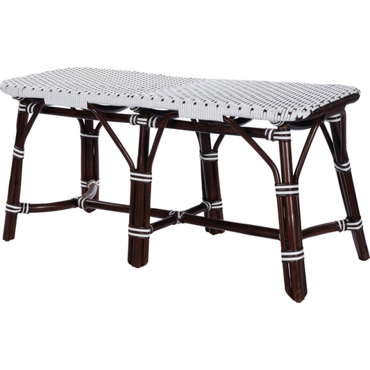 Marcella Rattan Bench by Butler Specialty Company in dark brown and black. Made from natural bamboo, polyethelene synthetic rattan weave in a coastal style.