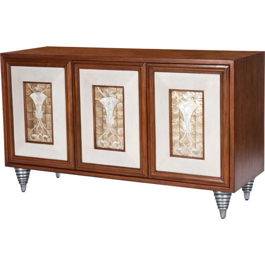 Shelly Sideboard by Butler Specialty Company in medium brown and cosmopolitan. Made from gmelina solids, maple veneer, mdf, leather, capiz shell in a modern style.