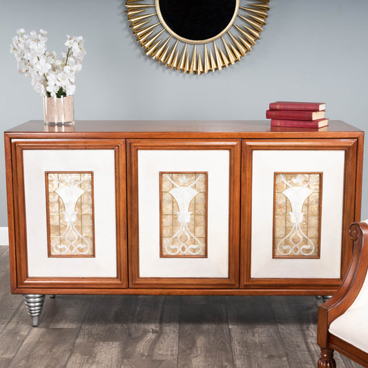 Shelly Sideboard by Butler Specialty Company in medium brown and cosmopolitan. Made from gmelina solids, maple veneer, mdf, leather, capiz shell in a modern style.
