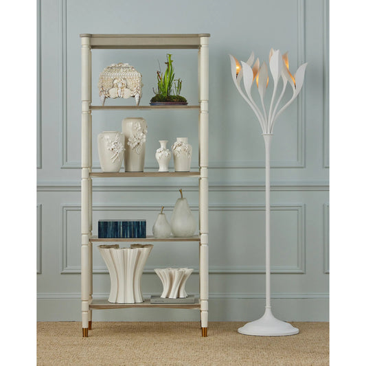 Aster Etagere by Currey and Company in off white, fog, brass. Made from beech, oak, brass in a transitional style.