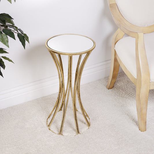 Faruh End Table by Butler Specialty Company in silver and antique gold leaf. Made from clear mirror glass, gold leafing in a transitional style.