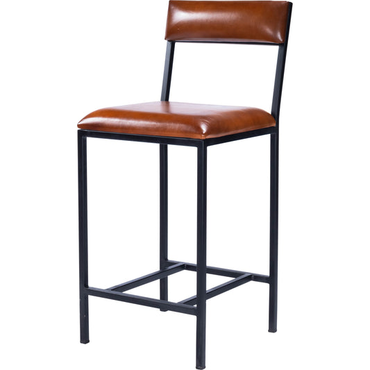 001 SR-789717 | Primary Silo | Lazarus Counter Stool by Butler Specialty Company in medium brown and industrial chic. Made from iron, leather, plywood, polyurethane foam core: seat height 27" h in a modern style.