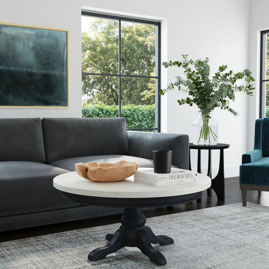 Danielle Round Coffee Table by Butler Specialty Company. Made from marble, mahogany wood, plywood in a cottage & farmhouse style.