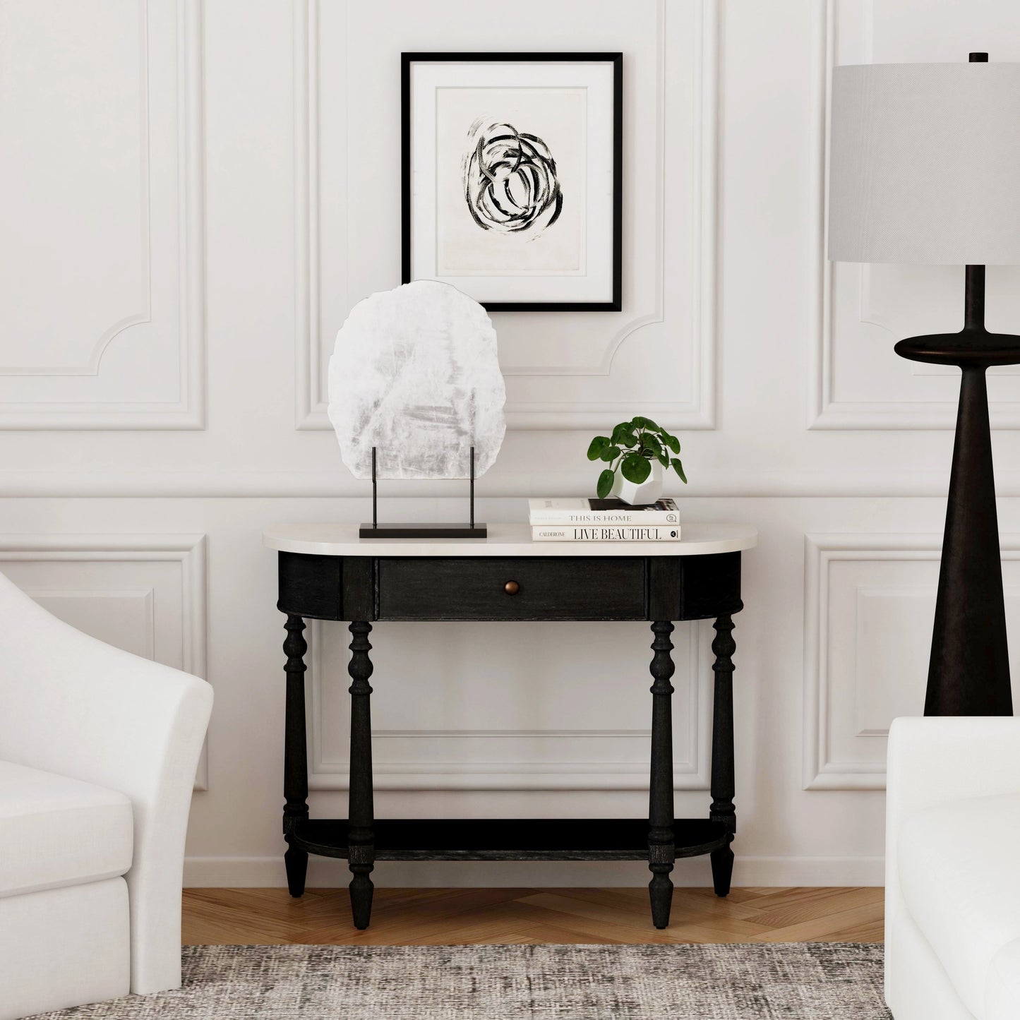 007 SI-2077730 | Lifestyle | Danielle 1 Drawer Console Table by Butler Specialty Company in black and washed black. Made from marble, mahogany wood, mdf, mahogany veneer, plywood in a transitional style.