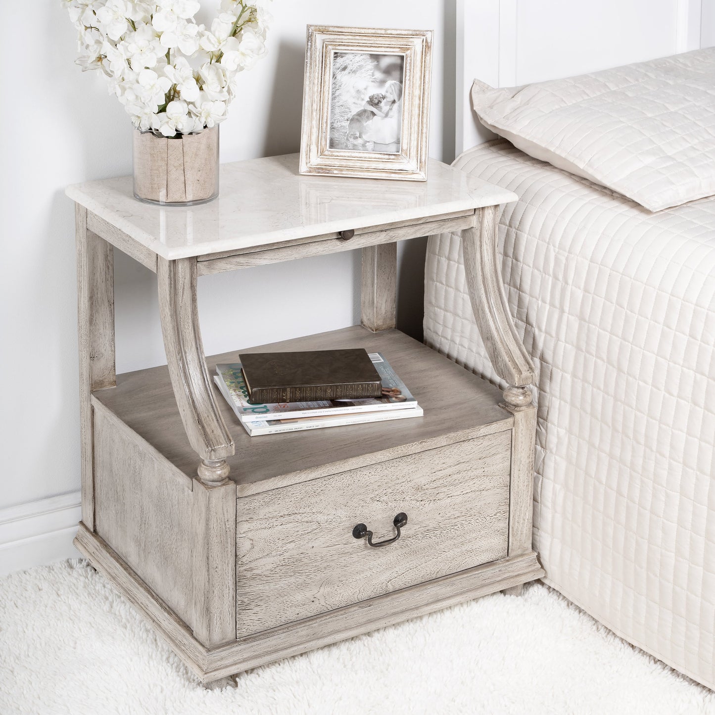 022 SR-910323 | Lifestyle | Danielle Nightstand by Butler Specialty Company. Made from marble, mahogany wood, mdf, mahogany veneer in a traditional style.